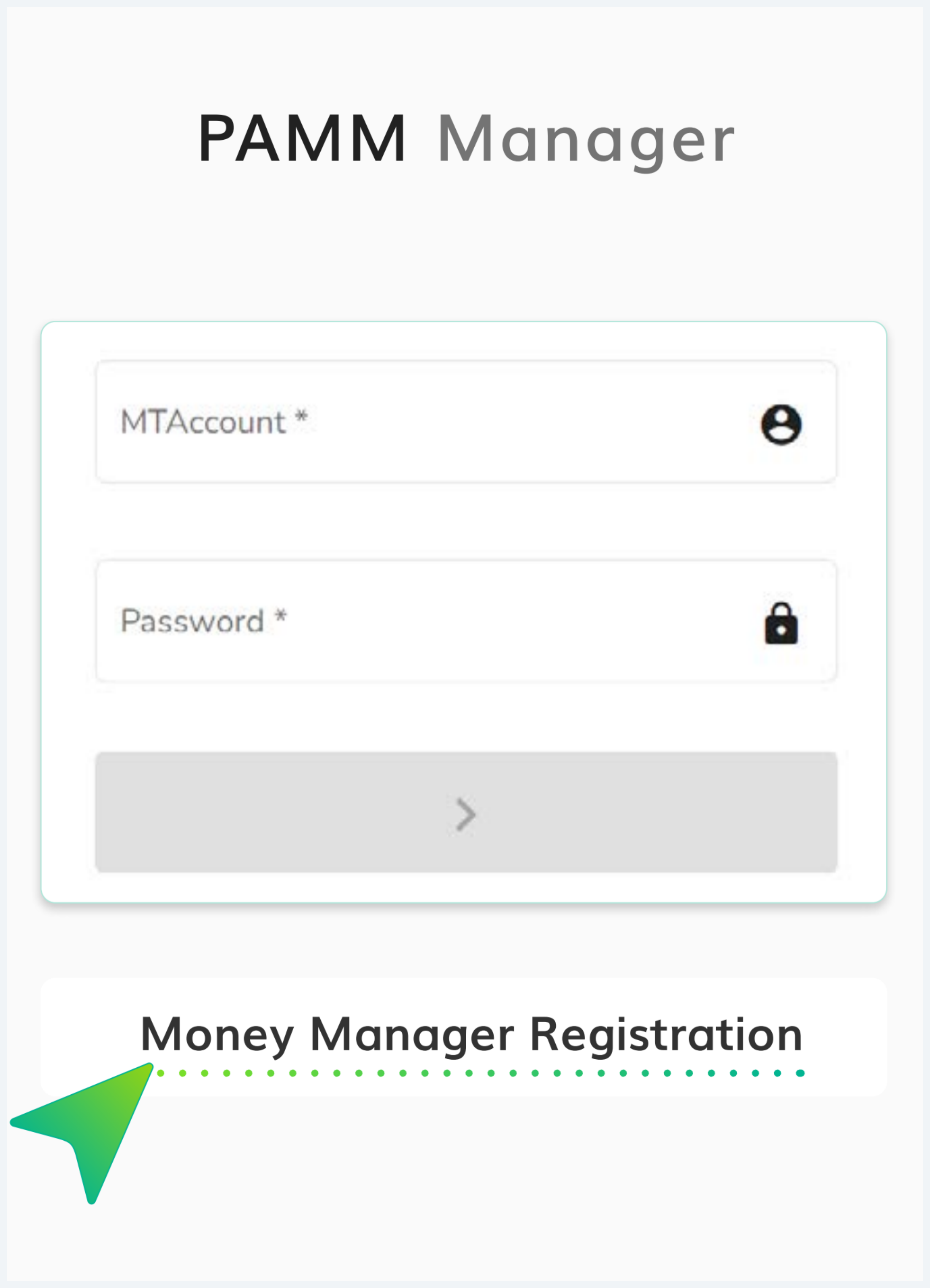 PAMM Manager login screen with Registration link